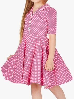 BLACKBUTTERFLY GIRLS PINK POLKA DOT VINTAGE INSPIRED DRESS 7/8